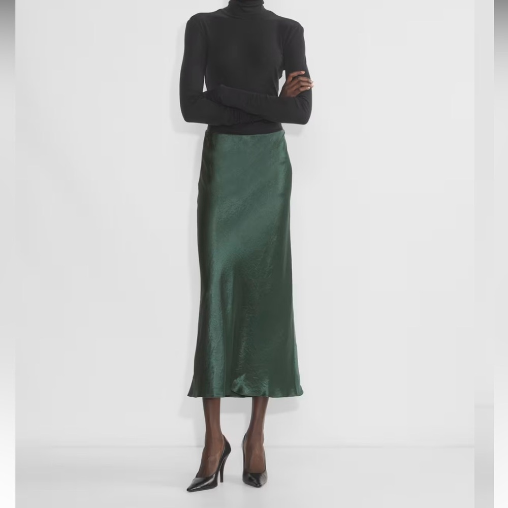 Aritzia Satin Midi Skirt in Deep Green